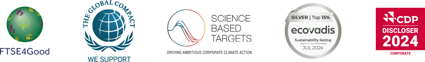 Ethibel Sustainability Indices, FTSE4Good, CDP Discloser 2024 and UN Global Compact (logos)